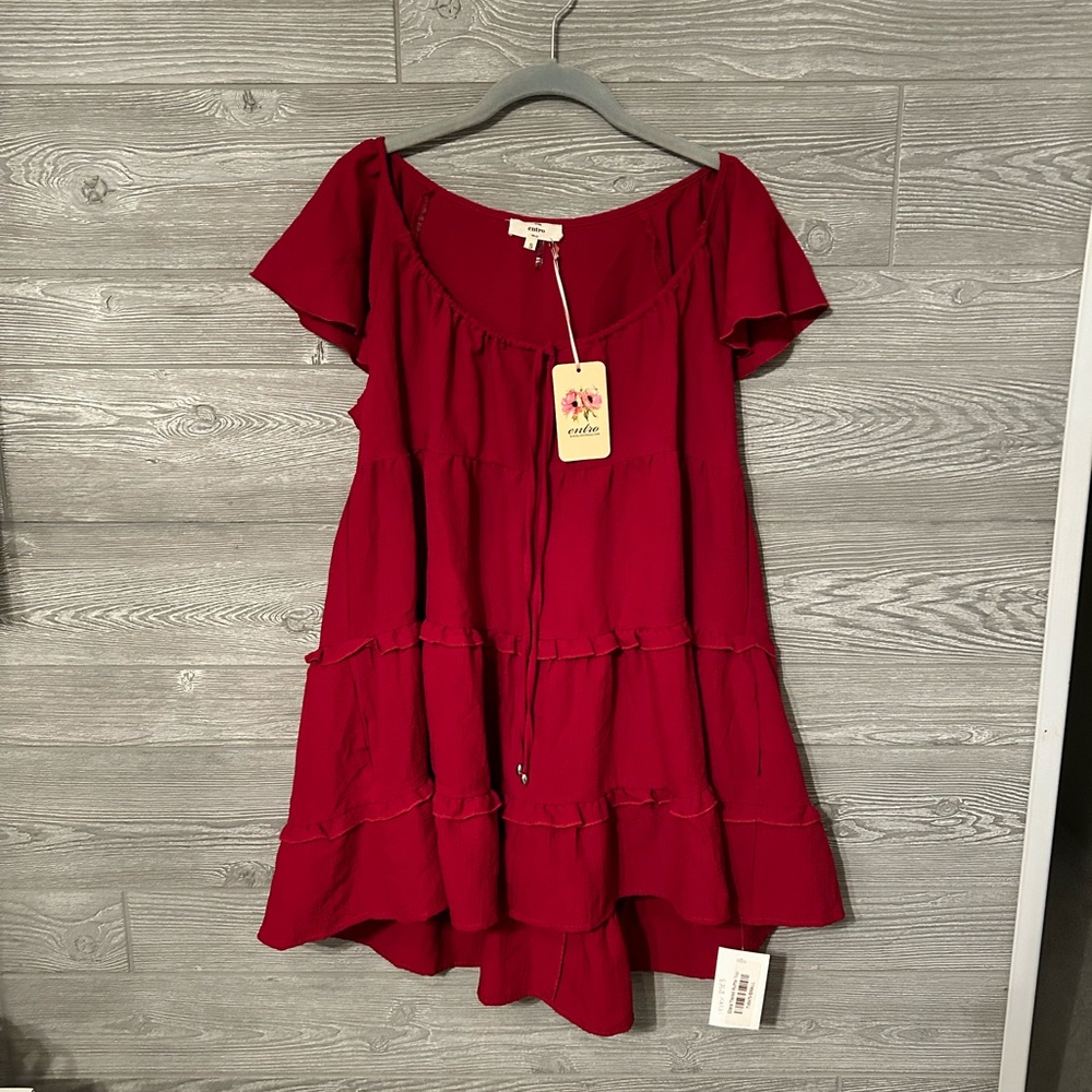 Entro Clara Tiered Ruffle Top Red Short‎ Sleeve Square Neck Drawstring Small